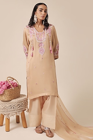 Beige Pure Organza Thread Embroidered Kurta Set by HOUSE OF AAS