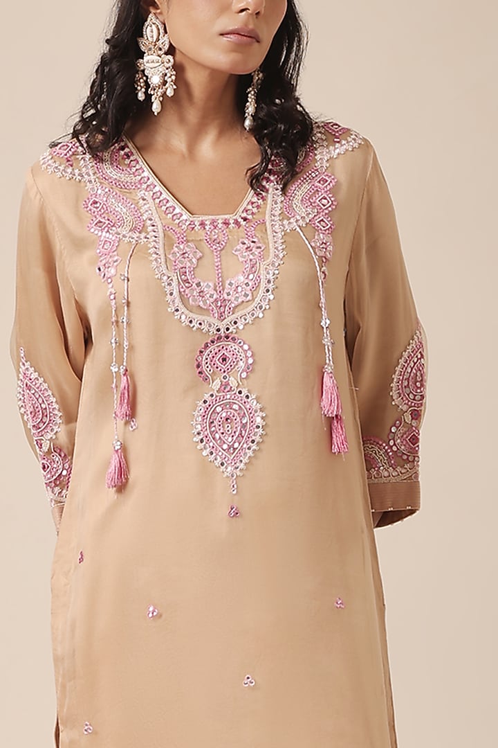Beige Pure Organza Thread Embroidered Kurta Set by HOUSE OF AAS at Pernia's Pop Up Shop