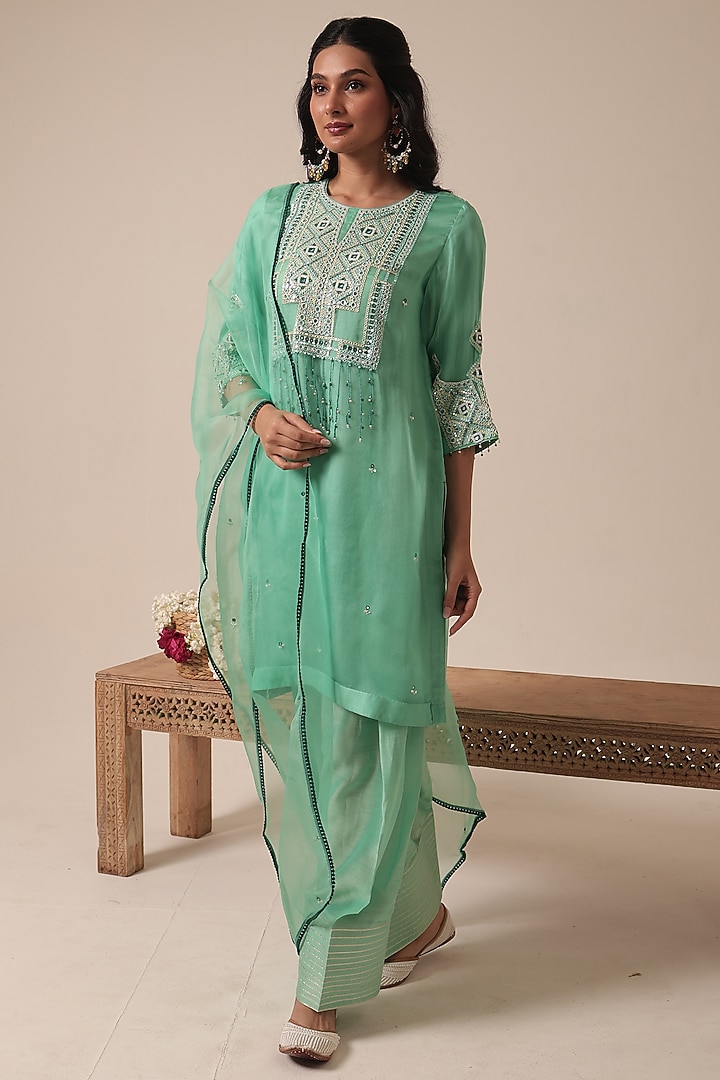 Aqua Blue Pure Organza Thread Embroidered Kurta Set by HOUSE OF AAS at Pernia's Pop Up Shop