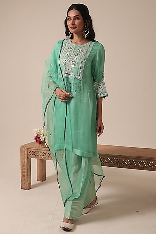 Aqua Blue Pure Organza Thread Embroidered Kurta Set by HOUSE OF AAS