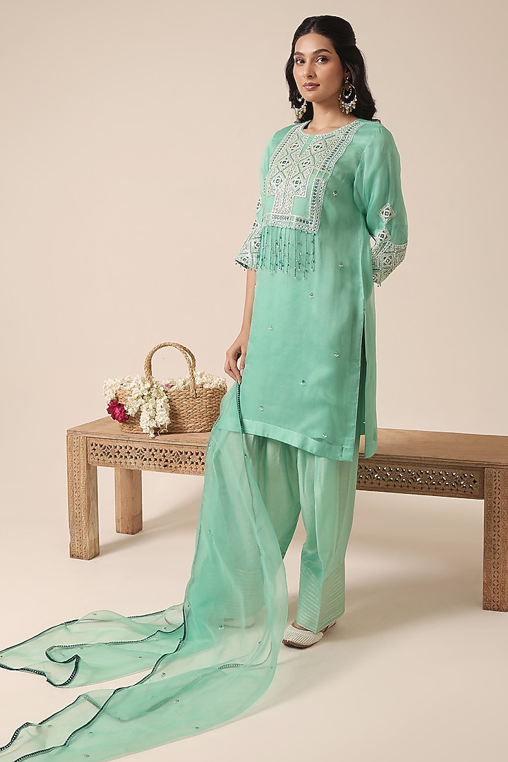 Aqua Blue Pure Organza Thread Embroidered Kurta Set by HOUSE OF AAS at Pernia's Pop Up Shop