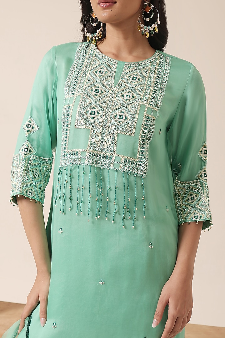 Aqua Blue Pure Organza Thread Embroidered Kurta Set by HOUSE OF AAS at Pernia's Pop Up Shop