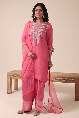Tomato Red Pure Organza Thread Embroidered Kurta Set by HOUSE OF AAS
