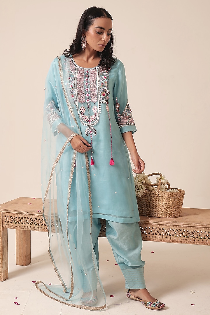 Blue Pure Organza Thread Embroidered Kurta Set by HOUSE OF AAS at Pernia's Pop Up Shop