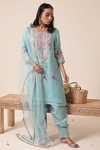 Blue Pure Organza Thread Embroidered Kurta Set by HOUSE OF AAS