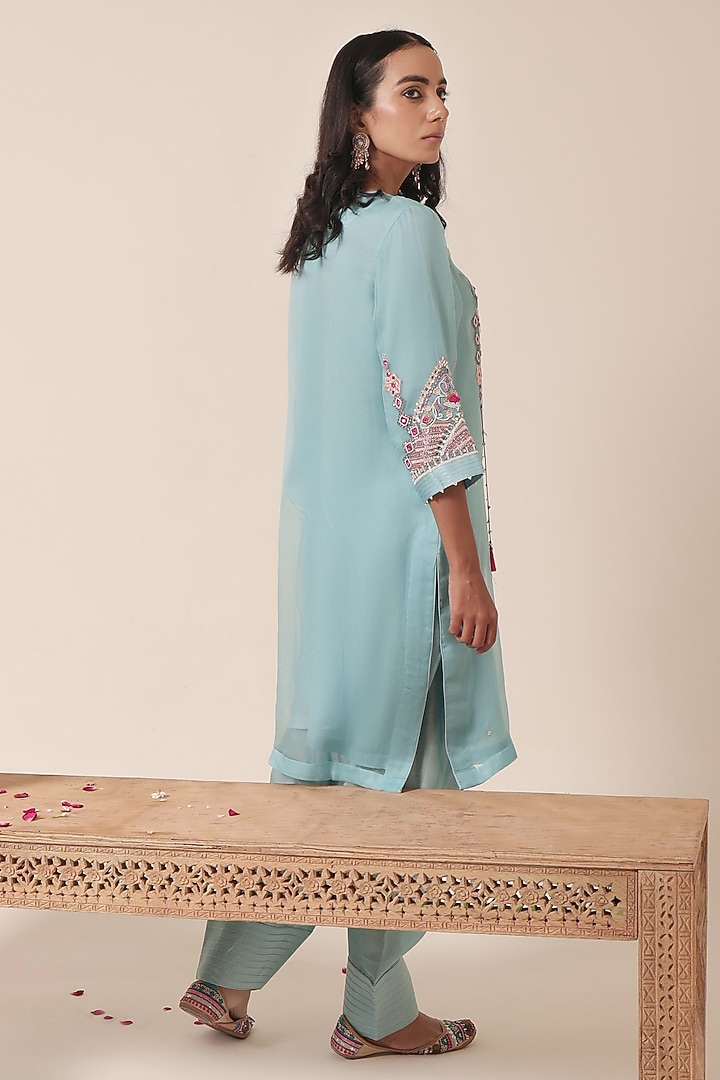 Blue Pure Organza Thread Embroidered Kurta Set by HOUSE OF AAS at Pernia's Pop Up Shop