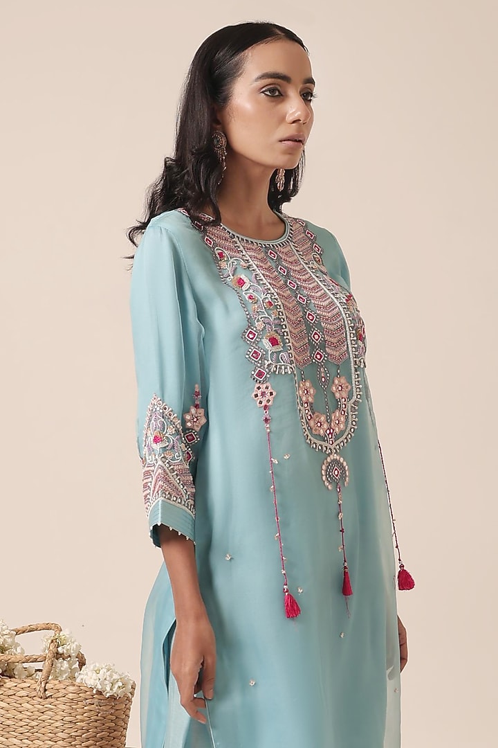Blue Pure Organza Thread Embroidered Kurta Set by HOUSE OF AAS at Pernia's Pop Up Shop
