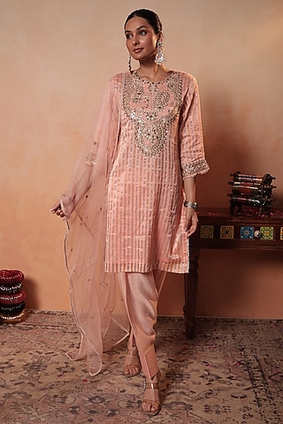 Peach Tissue Stripe Gota Hand Embroidered Kurta Set by HOUSE OF AAS