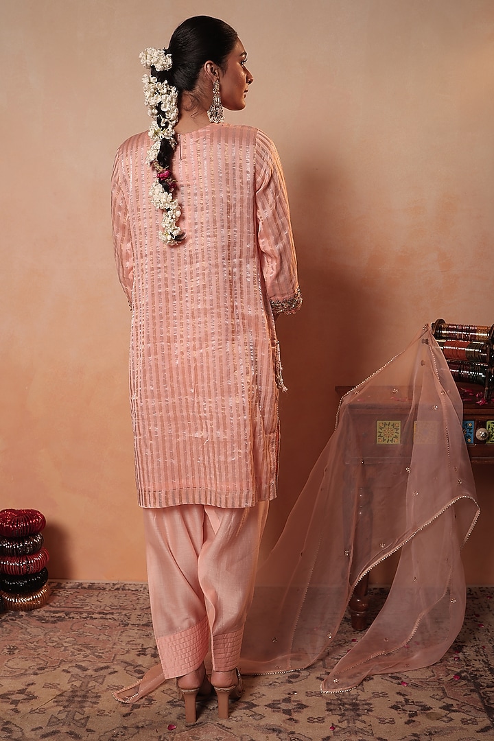 Peach Tissue Stripe Gota Hand Embroidered Kurta Set by HOUSE OF AAS at Pernia's Pop Up Shop