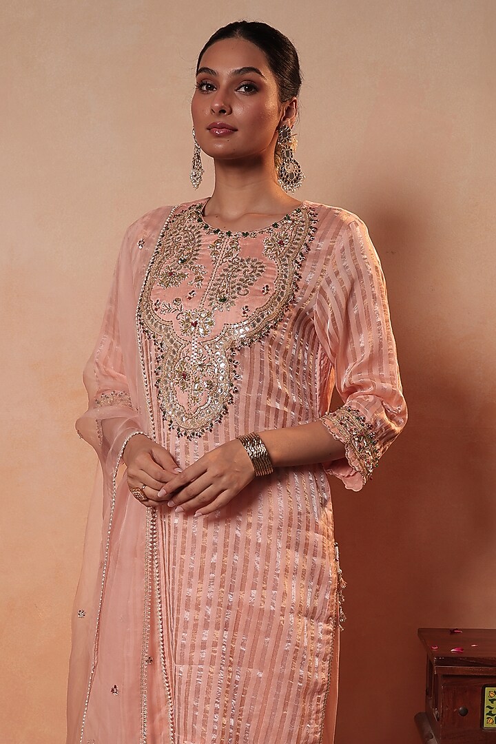 Peach Tissue Stripe Gota Hand Embroidered Kurta Set by HOUSE OF AAS at Pernia's Pop Up Shop