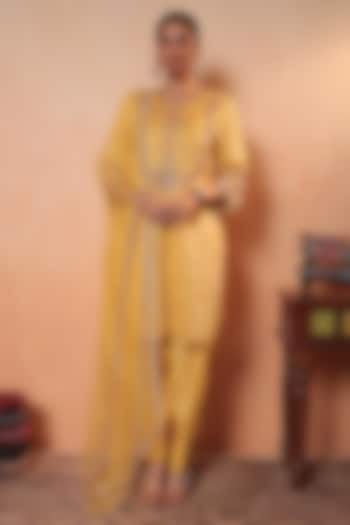 Yellow Tissue Stripe Gota Hand Embroidered Kurta Set by HOUSE OF AAS at Pernia's Pop Up Shop