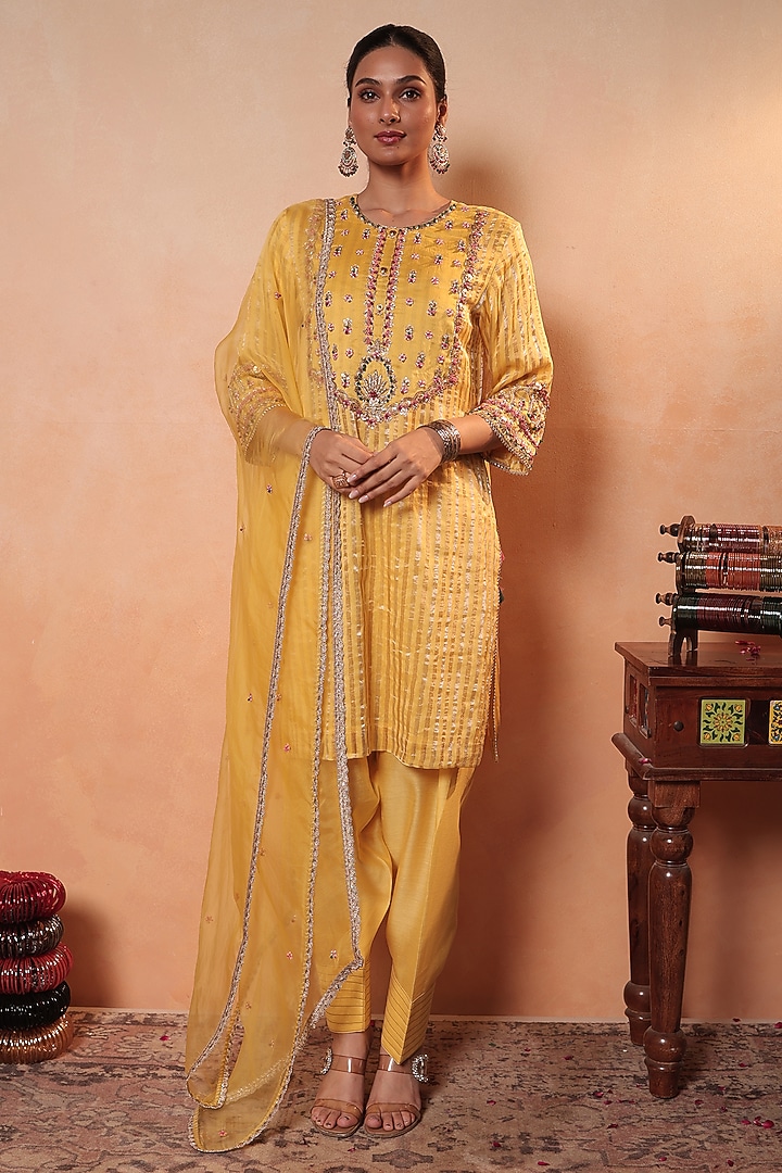 Yellow Tissue Stripe Gota Hand Embroidered Kurta Set by HOUSE OF AAS at Pernia's Pop Up Shop