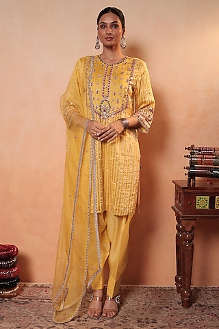 Yellow Tissue Stripe Gota Hand Embroidered Kurta Set by HOUSE OF AAS