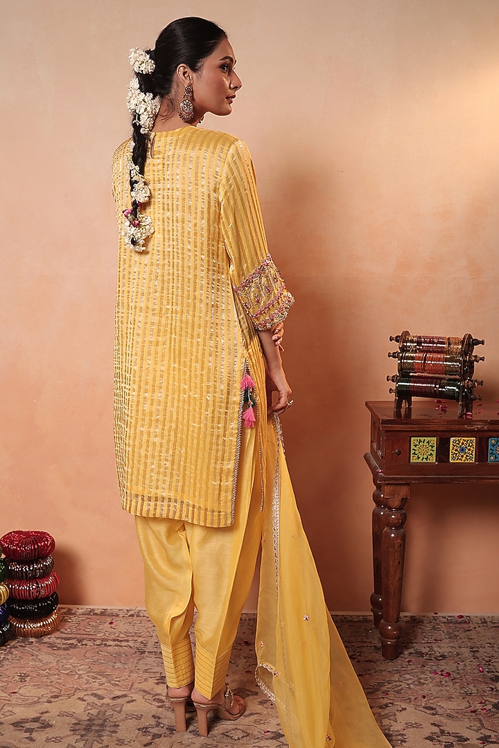 Yellow Tissue Stripe Gota Hand Embroidered Kurta Set by HOUSE OF AAS at Pernia's Pop Up Shop