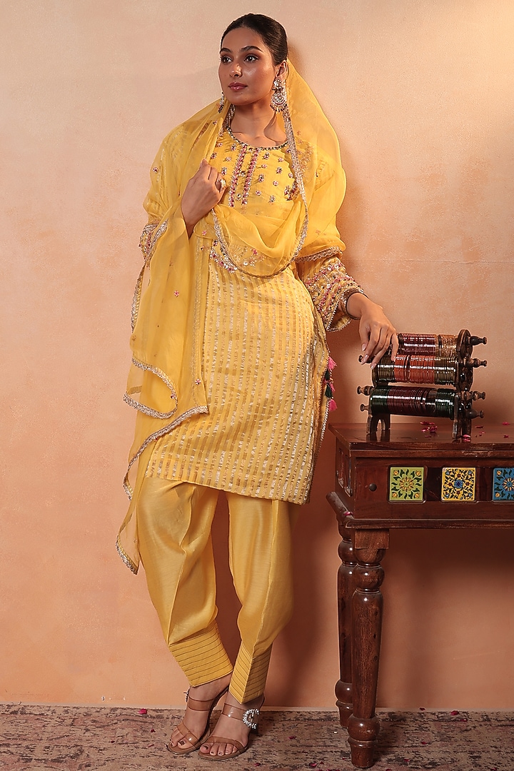 Yellow Tissue Stripe Gota Hand Embroidered Kurta Set by HOUSE OF AAS at Pernia's Pop Up Shop