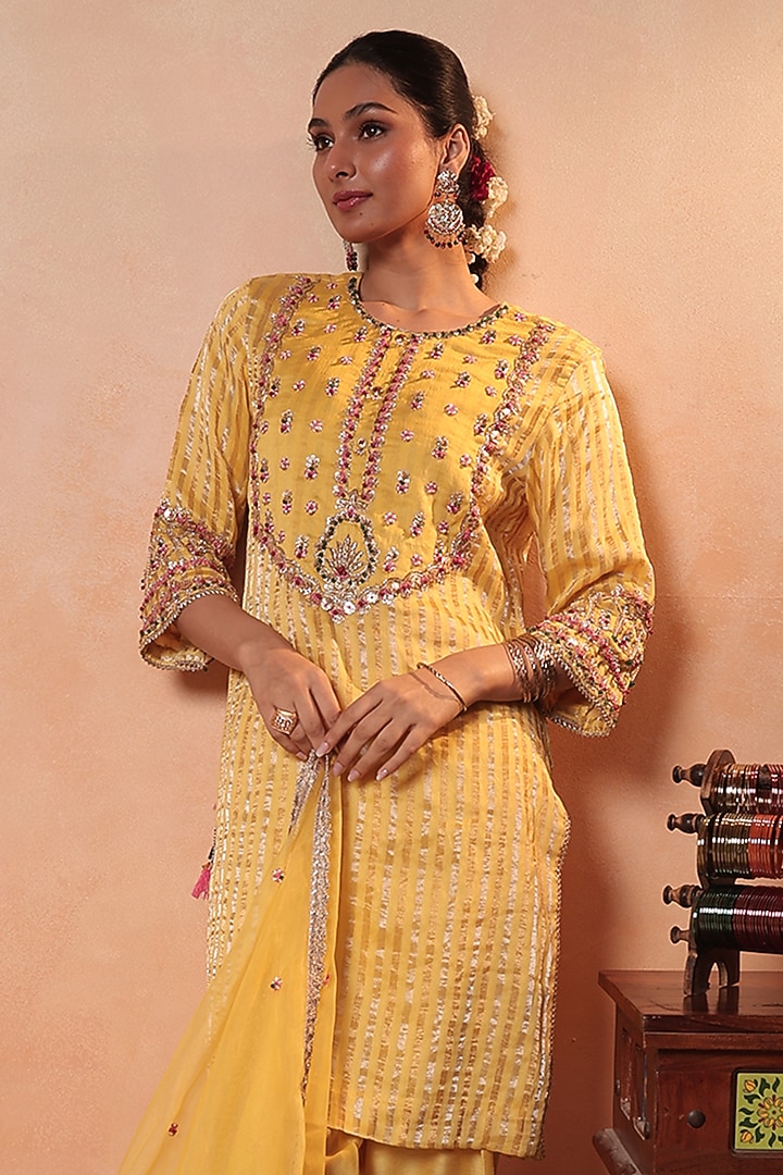 Yellow Tissue Stripe Gota Hand Embroidered Kurta Set by HOUSE OF AAS at Pernia's Pop Up Shop