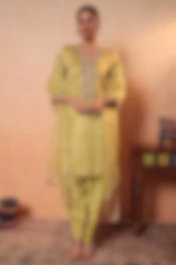 Green Tissue Stripe Gota Hand Embroidered Kurta Set by HOUSE OF AAS at Pernia's Pop Up Shop