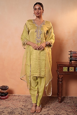 Green Tissue Stripe Gota Hand Embroidered Kurta Set by HOUSE OF AAS