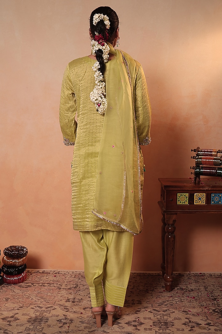 Green Tissue Stripe Gota Hand Embroidered Kurta Set by HOUSE OF AAS at Pernia's Pop Up Shop