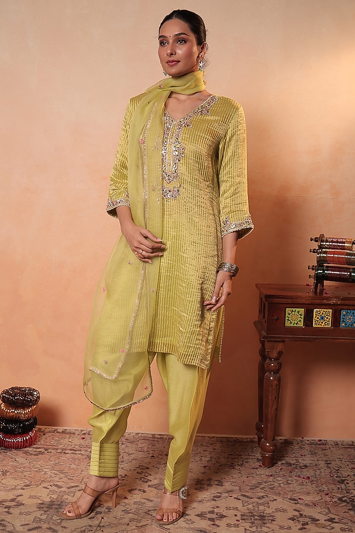 Green Tissue Stripe Gota Hand Embroidered Kurta Set by HOUSE OF AAS at Pernia's Pop Up Shop