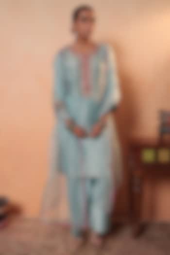 Blue Tissue Stripe Gota Hand Embroidered Kurta Set by HOUSE OF AAS at Pernia's Pop Up Shop