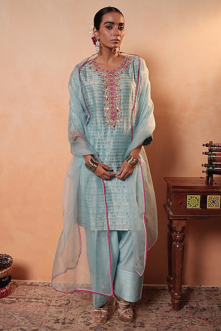 Blue Tissue Stripe Gota Hand Embroidered Kurta Set by HOUSE OF AAS at Pernia's Pop Up Shop