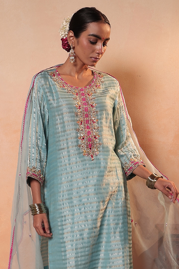Blue Tissue Stripe Gota Hand Embroidered Kurta Set by HOUSE OF AAS at Pernia's Pop Up Shop