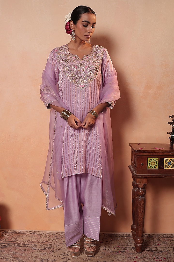 Lavender Tissue Stripe Gota Hand Embroidered Kurta Set by HOUSE OF AAS at Pernia's Pop Up Shop