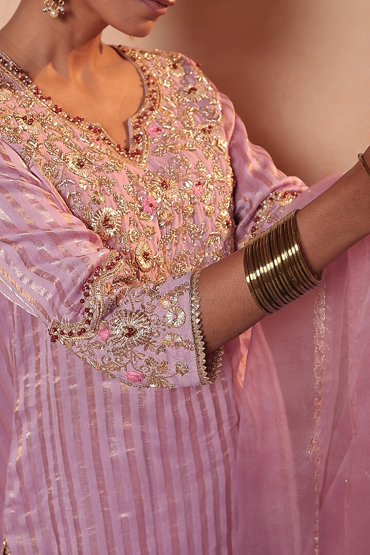 Lavender Tissue Stripe Gota Hand Embroidered Kurta Set by HOUSE OF AAS at Pernia's Pop Up Shop