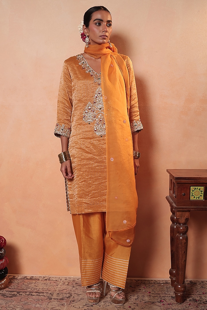 Orange Tissue Stripe Gota Hand Embroidered Kurta Set by HOUSE OF AAS at Pernia's Pop Up Shop