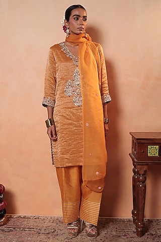 Orange Tissue Stripe Gota Hand Embroidered Kurta Set by HOUSE OF AAS