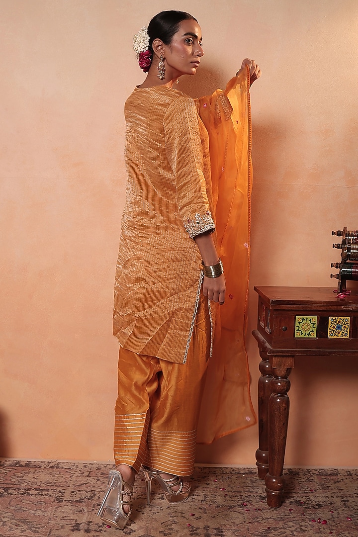 Orange Tissue Stripe Gota Hand Embroidered Kurta Set by HOUSE OF AAS at Pernia's Pop Up Shop
