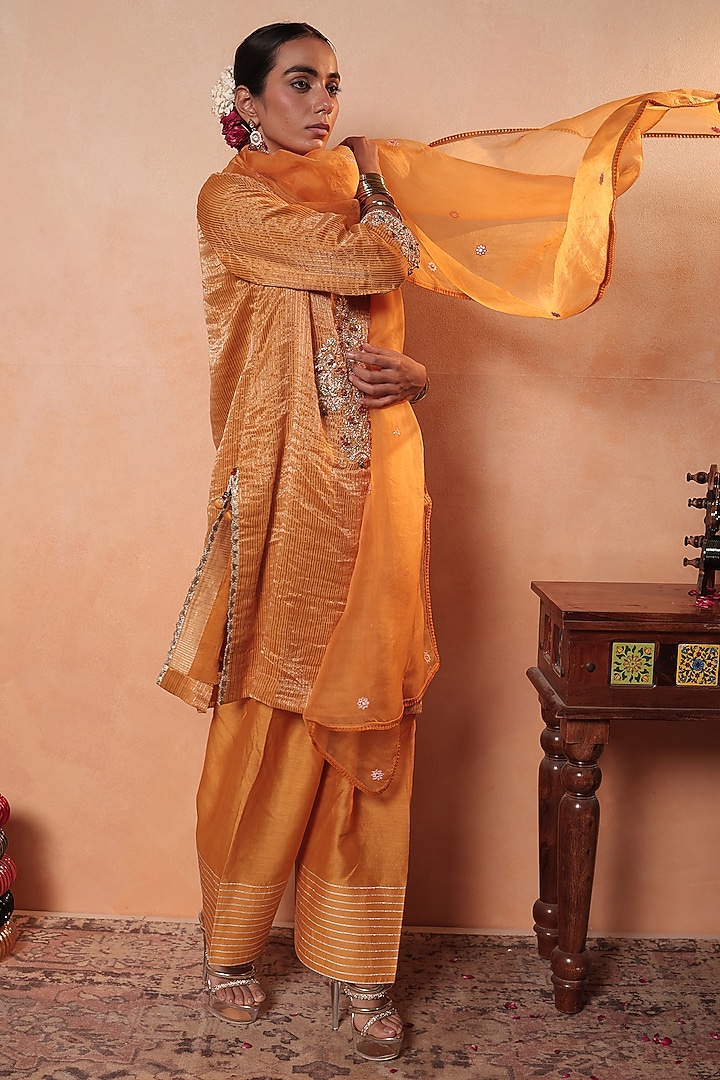 Orange Tissue Stripe Gota Hand Embroidered Kurta Set by HOUSE OF AAS at Pernia's Pop Up Shop