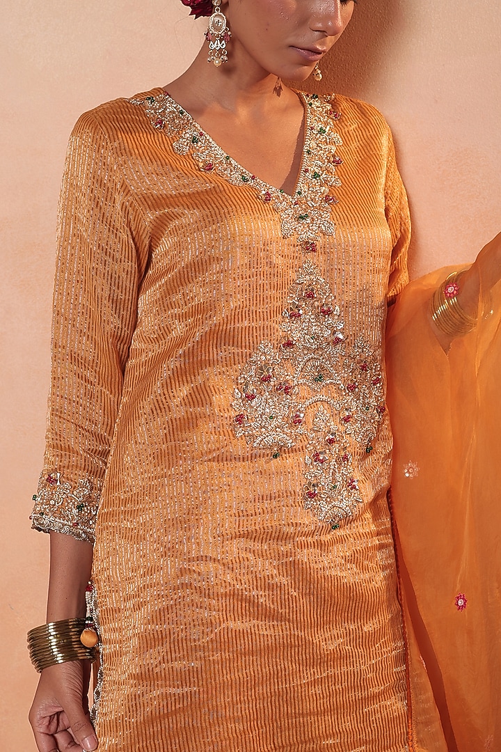 Orange Tissue Stripe Gota Hand Embroidered Kurta Set by HOUSE OF AAS at Pernia's Pop Up Shop