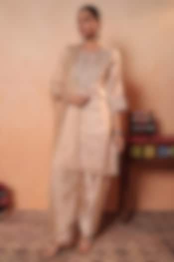 Beige Tissue Stripe Gota Hand Embroidered Kurta Set by HOUSE OF AAS at Pernia's Pop Up Shop