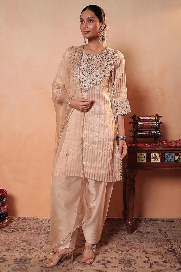 Beige Tissue Stripe Gota Hand Embroidered Kurta Set by HOUSE OF AAS at Pernia's Pop Up Shop