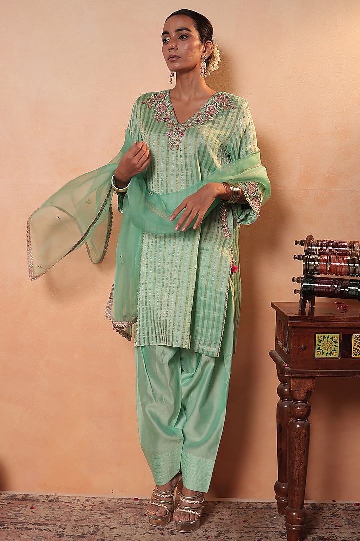 Aqua Tissue Stripe Gota Hand Embroidered Kurta Set by HOUSE OF AAS at Pernia's Pop Up Shop