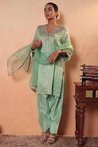 Aqua Tissue Stripe Gota Hand Embroidered Kurta Set by HOUSE OF AAS