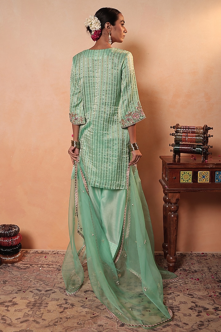 Aqua Tissue Stripe Gota Hand Embroidered Kurta Set by HOUSE OF AAS at Pernia's Pop Up Shop