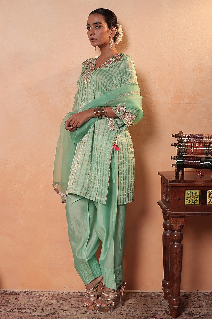 Aqua Tissue Stripe Gota Hand Embroidered Kurta Set by HOUSE OF AAS at Pernia's Pop Up Shop