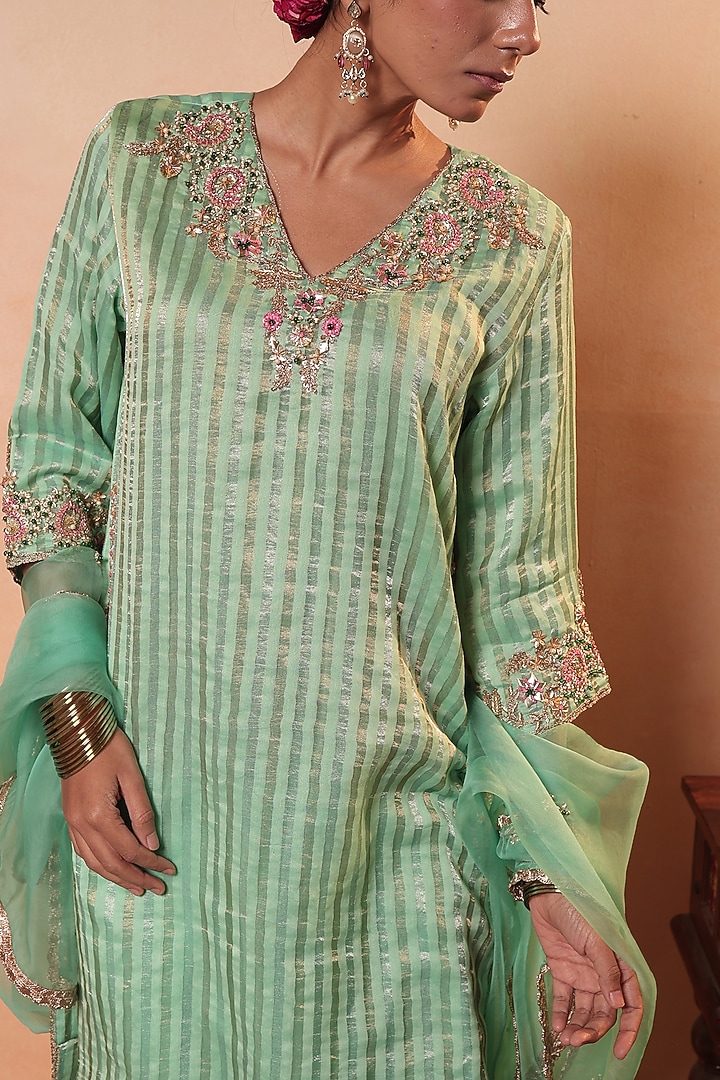 Aqua Tissue Stripe Gota Hand Embroidered Kurta Set by HOUSE OF AAS at Pernia's Pop Up Shop