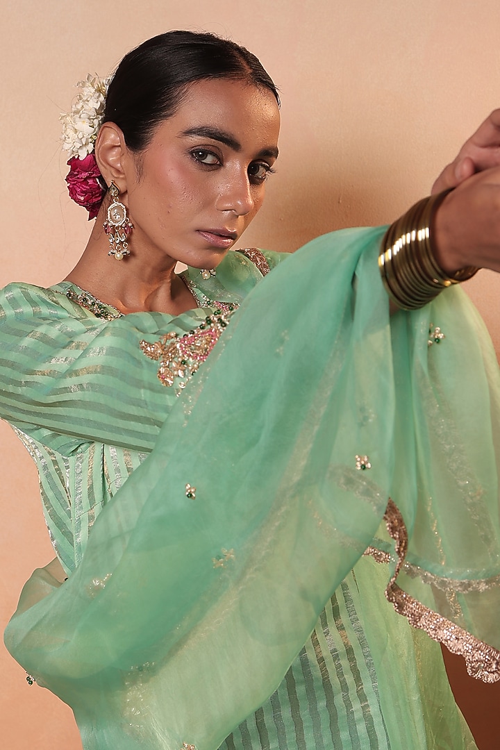 Aqua Tissue Stripe Gota Hand Embroidered Kurta Set by HOUSE OF AAS at Pernia's Pop Up Shop