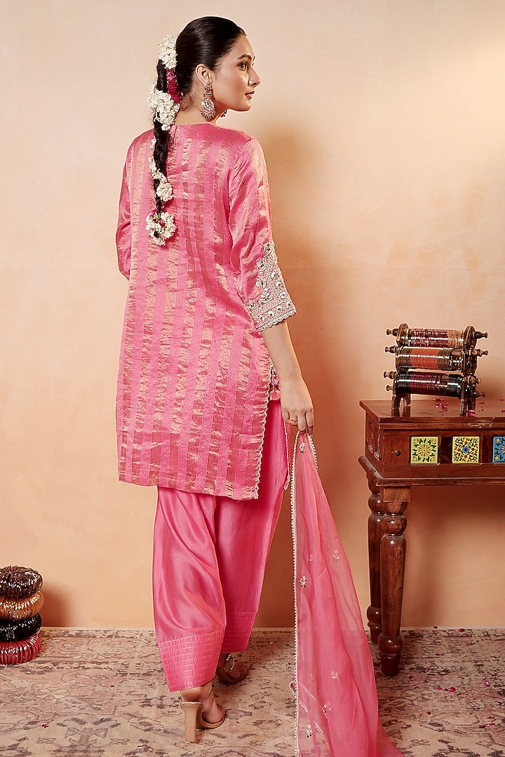 Tomato Red Tissue Stripe Gota Hand Embroidered Kurta Set by HOUSE OF AAS at Pernia's Pop Up Shop