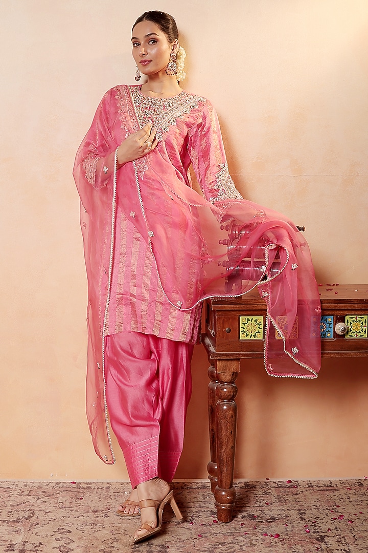Tomato Red Tissue Stripe Gota Hand Embroidered Kurta Set by HOUSE OF AAS at Pernia's Pop Up Shop