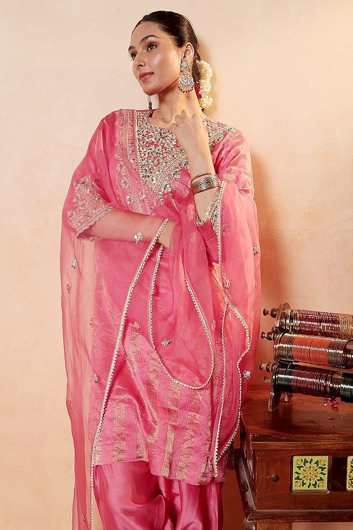 Tomato Red Tissue Stripe Gota Hand Embroidered Kurta Set by HOUSE OF AAS at Pernia's Pop Up Shop