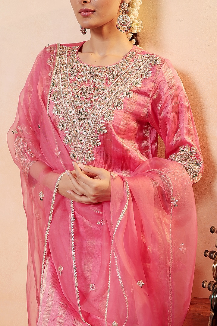 Tomato Red Tissue Stripe Gota Hand Embroidered Kurta Set by HOUSE OF AAS at Pernia's Pop Up Shop