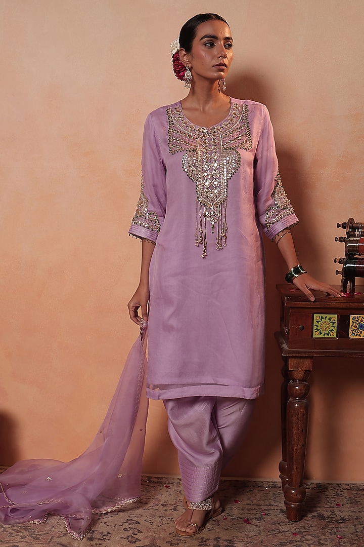 Lavender Tissue Stripe Gota Hand Embroidered Kurta Set by HOUSE OF AAS at Pernia's Pop Up Shop