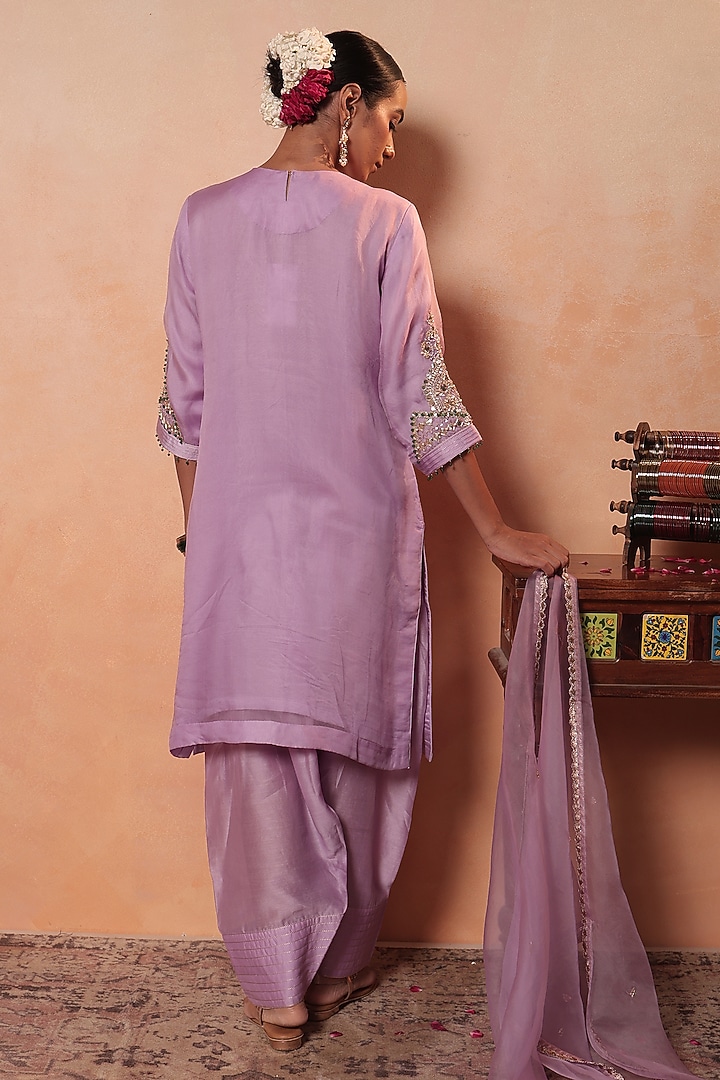 Lavender Tissue Stripe Gota Hand Embroidered Kurta Set by HOUSE OF AAS at Pernia's Pop Up Shop