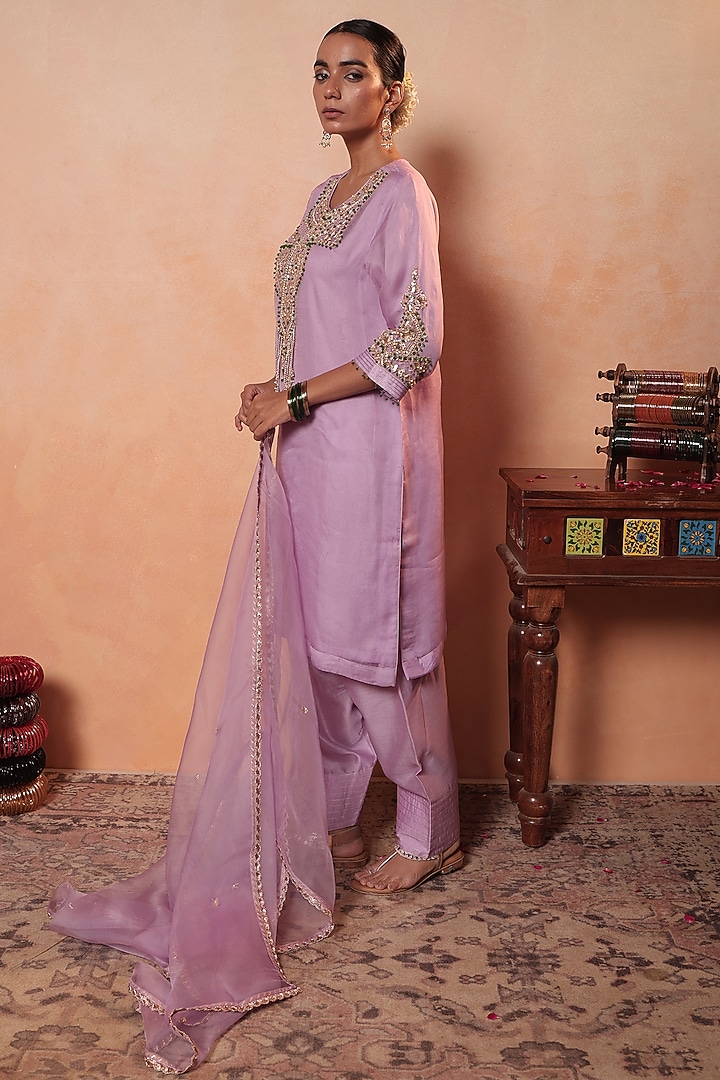 Lavender Tissue Stripe Gota Hand Embroidered Kurta Set by HOUSE OF AAS at Pernia's Pop Up Shop