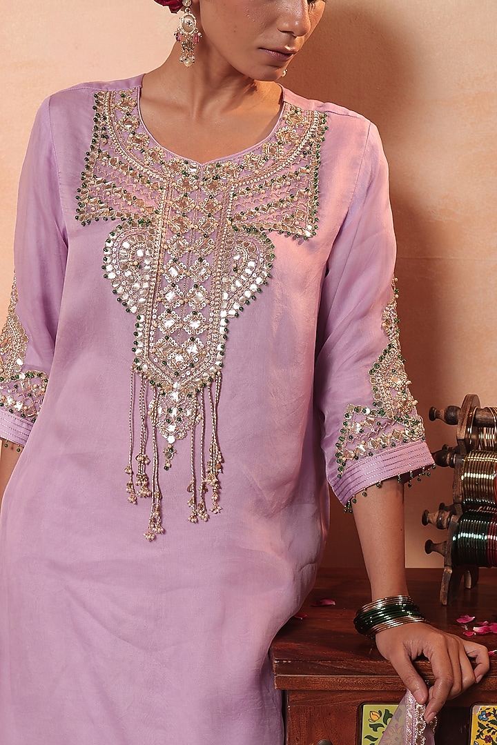 Lavender Tissue Stripe Gota Hand Embroidered Kurta Set by HOUSE OF AAS at Pernia's Pop Up Shop